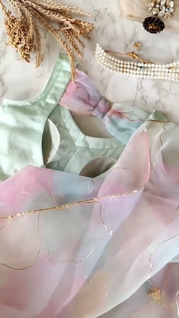 Pastel Rainbow Organza Saree with Gold Outline Detailing and Mint Green Satin Blouse Featuring Organza Bow Accent – Perfect for Elegant Day Events, Festive Occasions, and Contemporary Ethnic Styling - Image 2