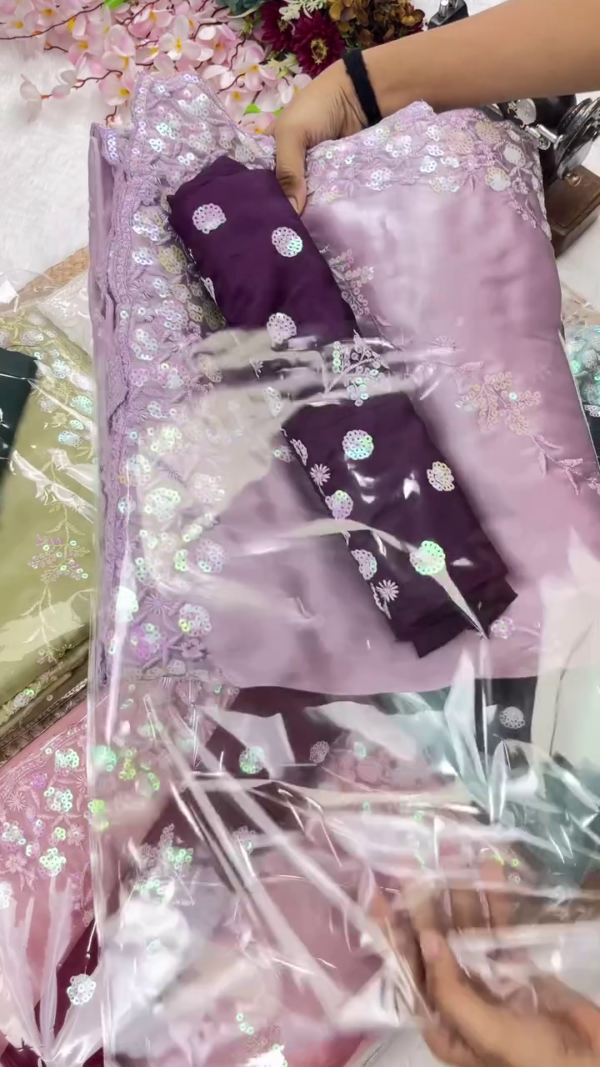 Sequin Embroidered Organza Saree with Contrast Silk Blouse Piece – Available in Pastel Blue and Lavender Shades With Many more shades with Intricate Floral Work, Ideal for Festive and Party Wear