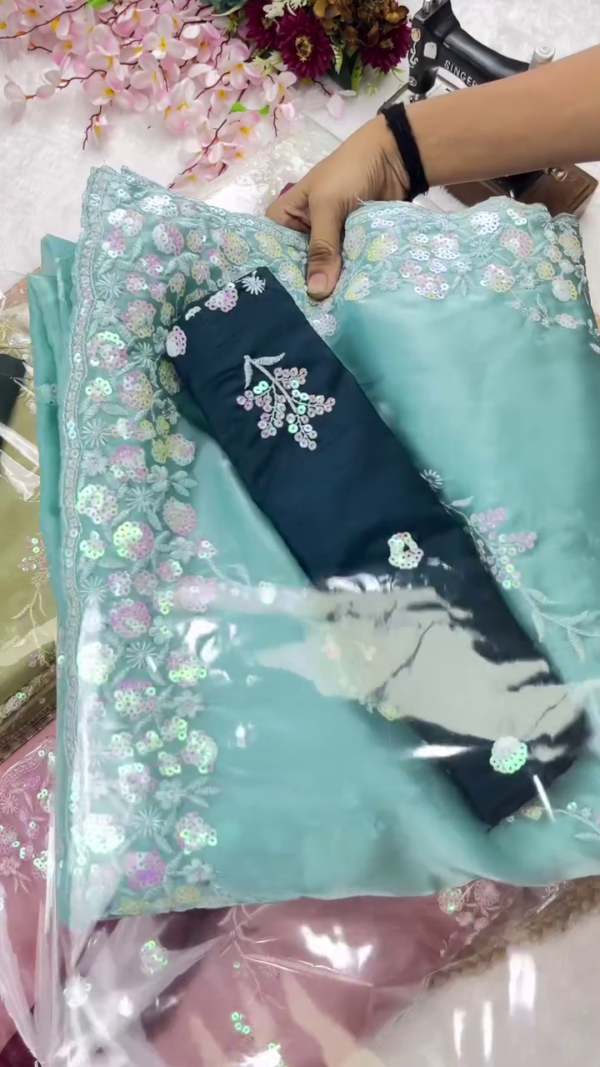 Sequin Embroidered Organza Saree with Contrast Silk Blouse Piece – Available in Pastel Blue and Lavender Shades With Many more shades with Intricate Floral Work, Ideal for Festive and Party Wear - Image 2