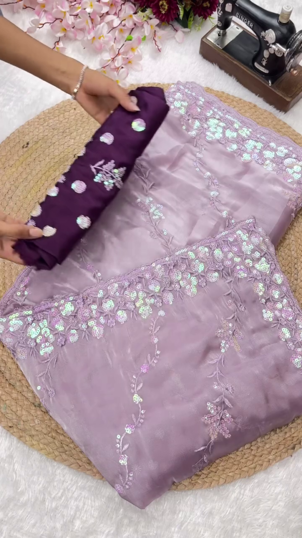 Sequin Embroidered Organza Saree with Contrast Silk Blouse Piece – Available in Pastel Blue and Lavender Shades With Many more shades with Intricate Floral Work, Ideal for Festive and Party Wear - Image 5