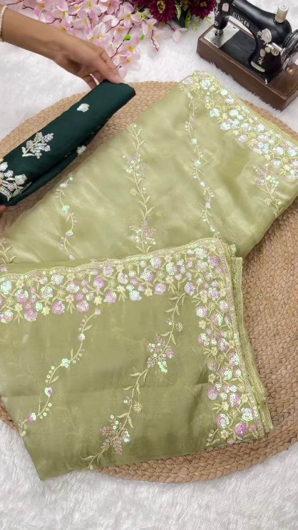 Sequin Embroidered Organza Saree with Contrast Silk Blouse Piece – Available in Pastel Blue and Lavender Shades With Many more shades with Intricate Floral Work, Ideal for Festive and Party Wear - Image 4