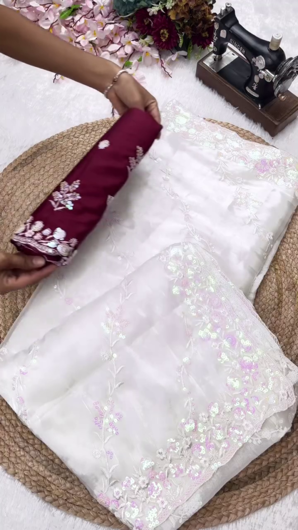 Sequin Embroidered Organza Saree with Contrast Silk Blouse Piece – Available in Pastel Blue and Lavender Shades With Many more shades with Intricate Floral Work, Ideal for Festive and Party Wear - Image 3