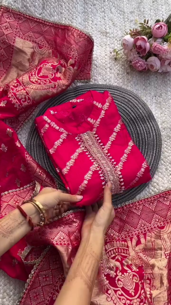 Crimson Red Kurta Set with Intricate Zari Embroidery & Bandhani Dupatta – Traditional Grace with Contemporary Detailing