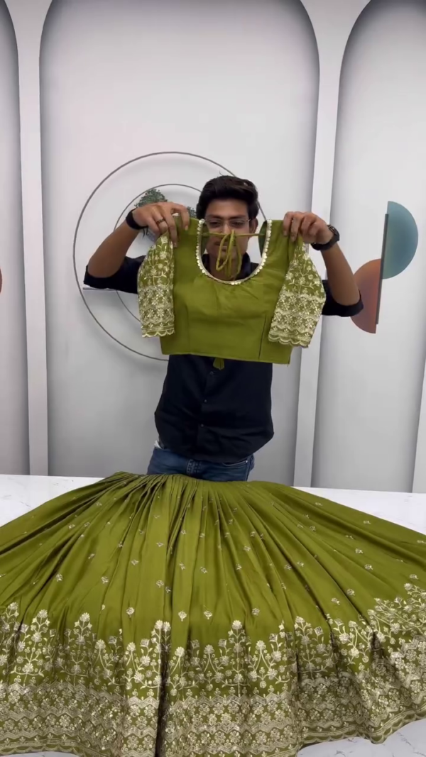 Olive Green Embroidered Lehenga Set – Intricately Handworked Blouse with Heavy Thread & Sequin Border Detailing on Flared Skirt & Dupatta – A Luxe Traditional Look for Weddings & Festive Glam. - Image 2