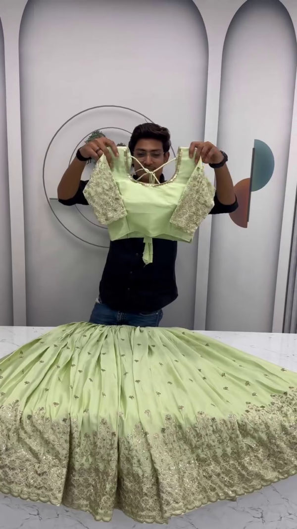 Olive Green Embroidered Lehenga Set – Intricately Handworked Blouse with Heavy Thread & Sequin Border Detailing on Flared Skirt & Dupatta – A Luxe Traditional Look for Weddings & Festive Glam. - Image 3